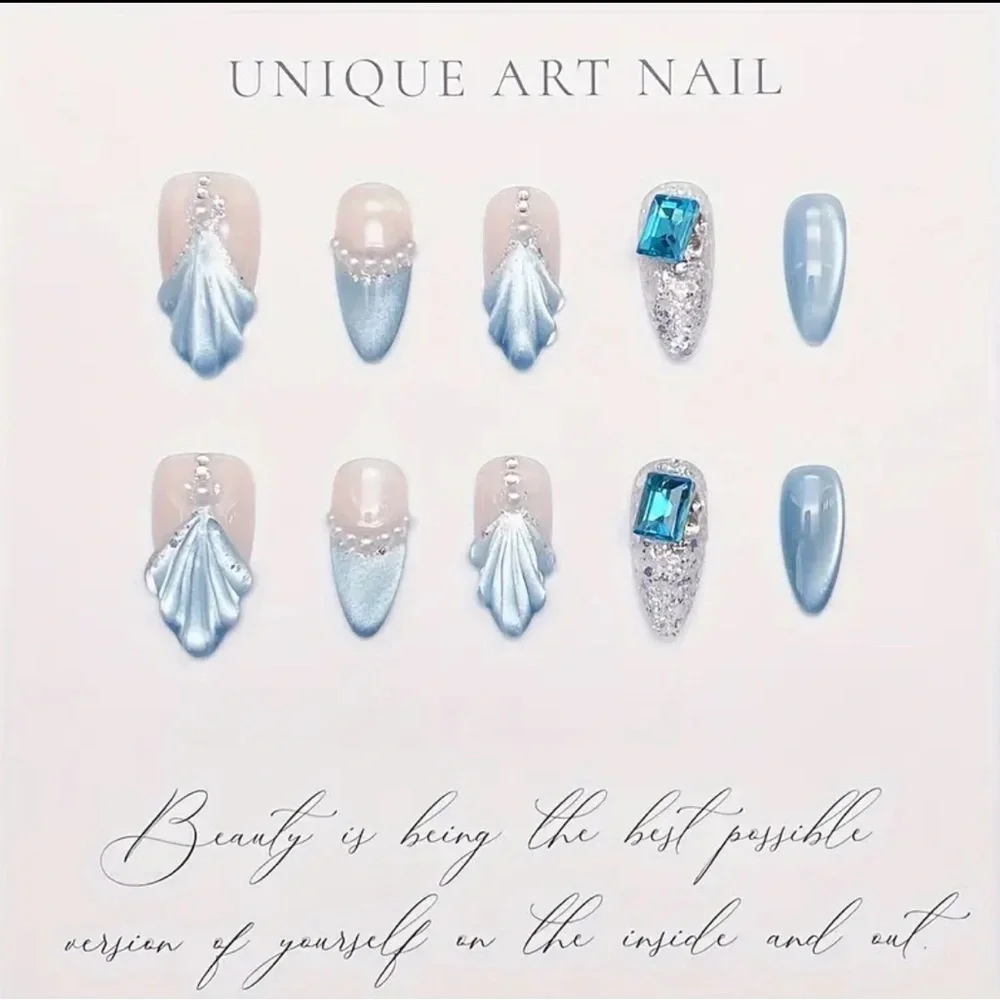 New Hamdmade Blue & Silver 3-D Acrylic Nail Art Set Medium 10 pc set Reusable
